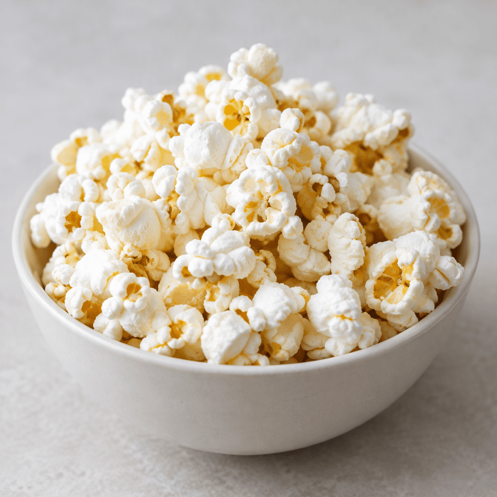 A loose pile of irregularly shaped, fluffy white popcorn kernels with crinkled, folded surfaces and small pale-yellow centers, served in a simple bowl.