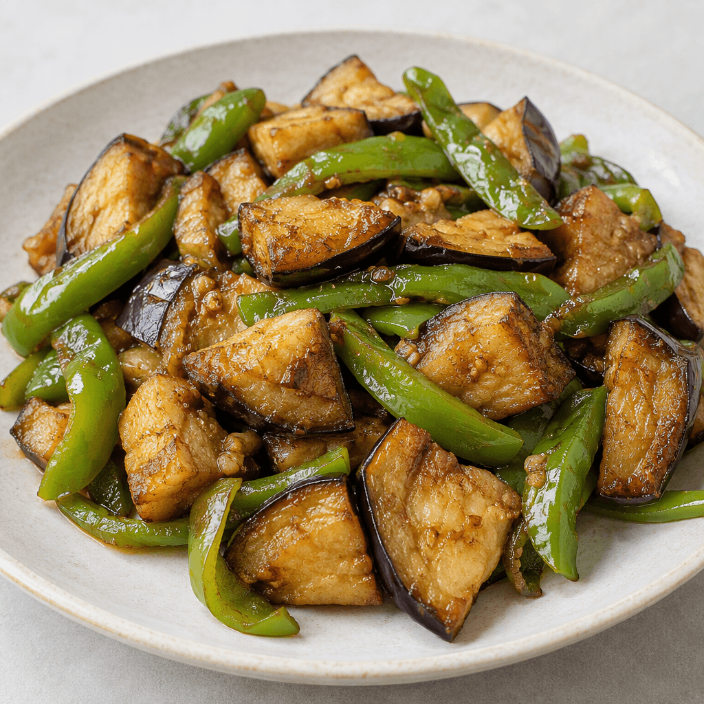 Irregular chunks of soft, golden-brown eggplant mixed with strips of glossy green pepper, with lightly crisped edges and a sheen of oil, served together on a plate.