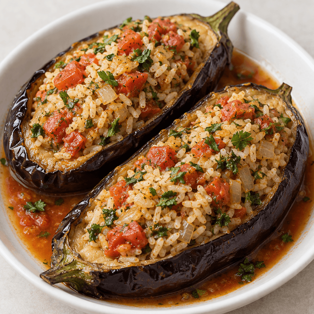 Halved deep-purple eggplants are arranged in a serving dish with their glossy skins intact and their soft, pale interiors filled with a mound of rice, diced red tomato, translucent onion and green herbs, with a little reddish cooking sauce pooling around them.