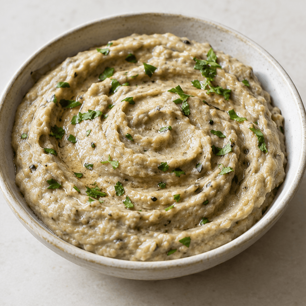 A thick, smooth eggplant puree with a pale smoky beige colour, soft creamy texture, and gently swirled surface, served in a shallow dish.