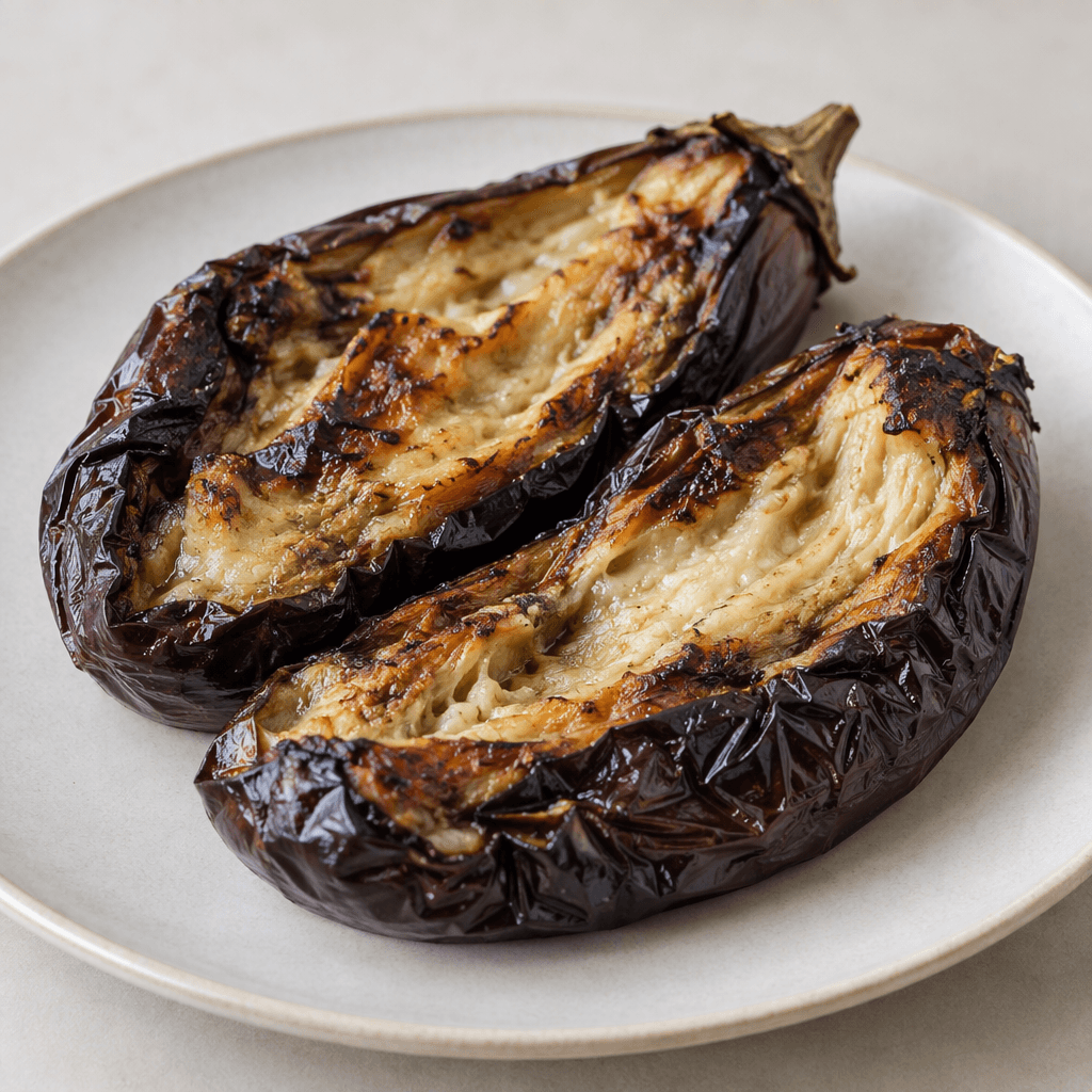 Roasted eggplant appears as softened, collapsed halves with deeply wrinkled purple-black skin, charred brown patches, and exposed creamy beige flesh on a plate.