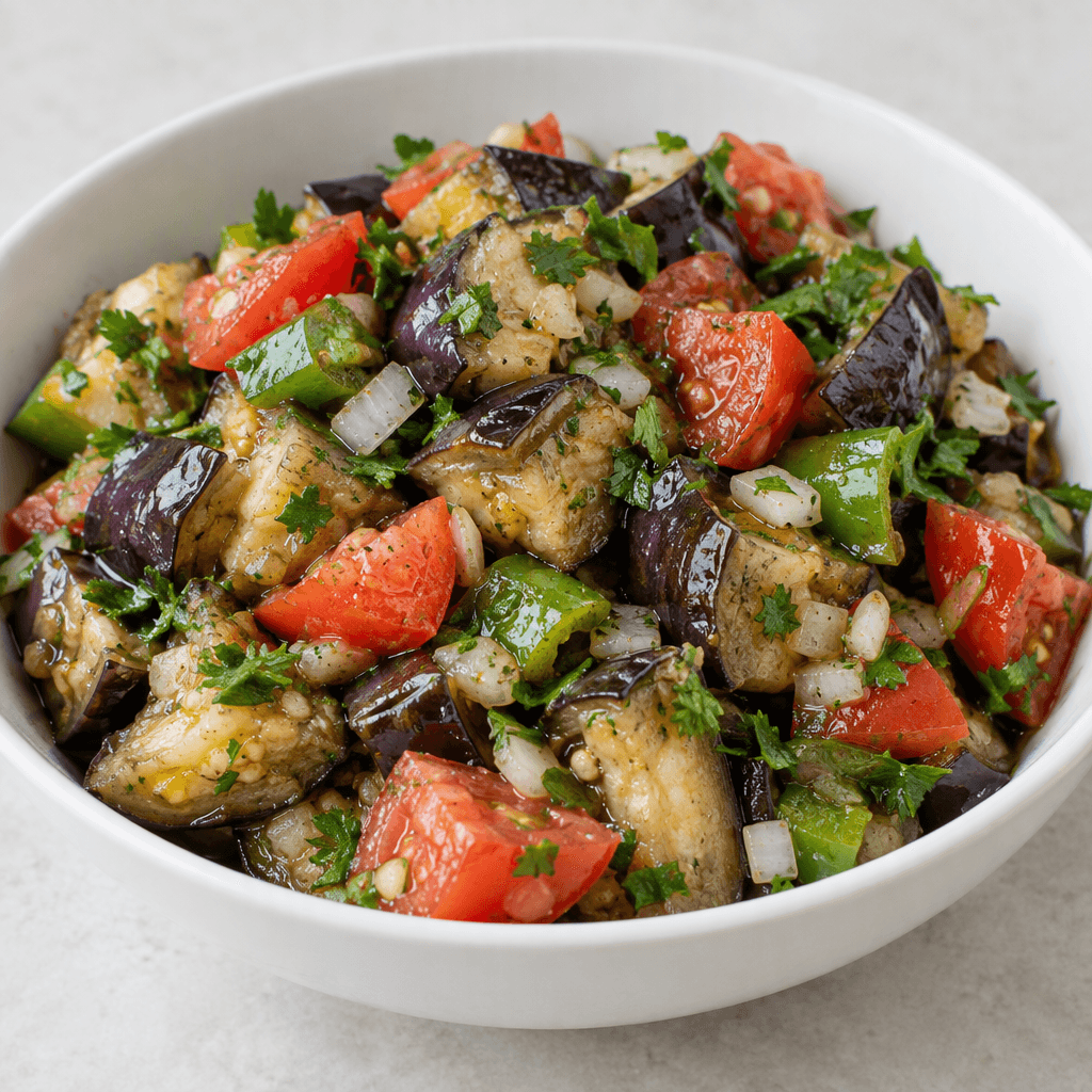 A shallow white serving bowl holds a rustic salad of soft, irregular chunks of deep purple-skinned eggplant mixed with red tomato pieces, green pepper, finely chopped parsley, and small translucent onion pieces, with a light sheen of olive oil on top.