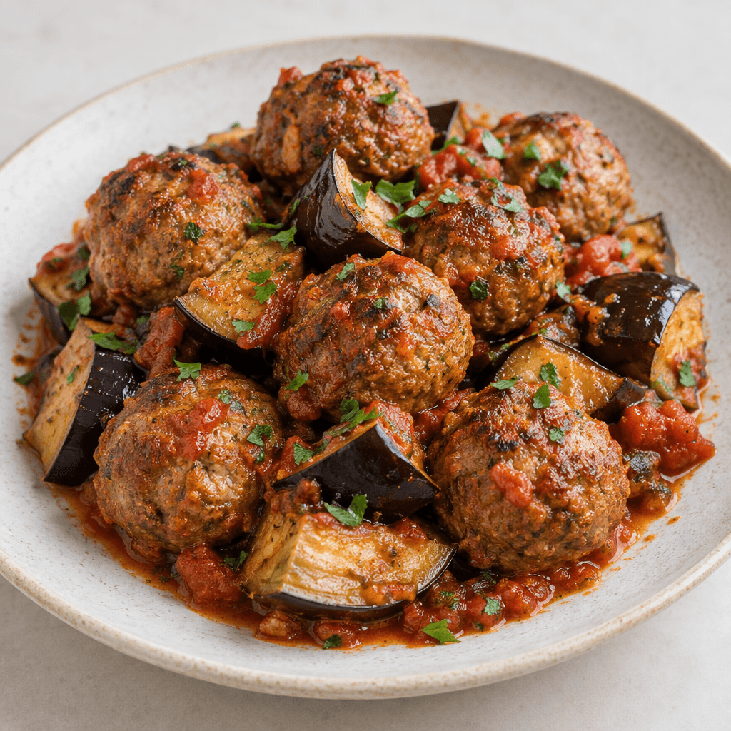 Round, browned meatballs are arranged among tender eggplant pieces with dark purple skins and creamy beige interiors, lightly coated in a red tomato sauce and garnished with scattered green herbs on a serving plate.
