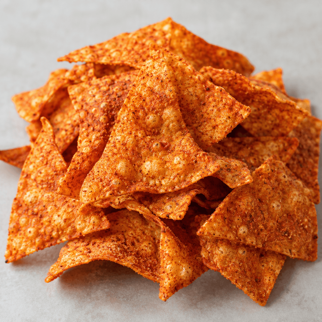 A pile of thin, irregularly triangular chips with bubbled, crisp surfaces, coated in a vivid reddish-orange seasoning powder.