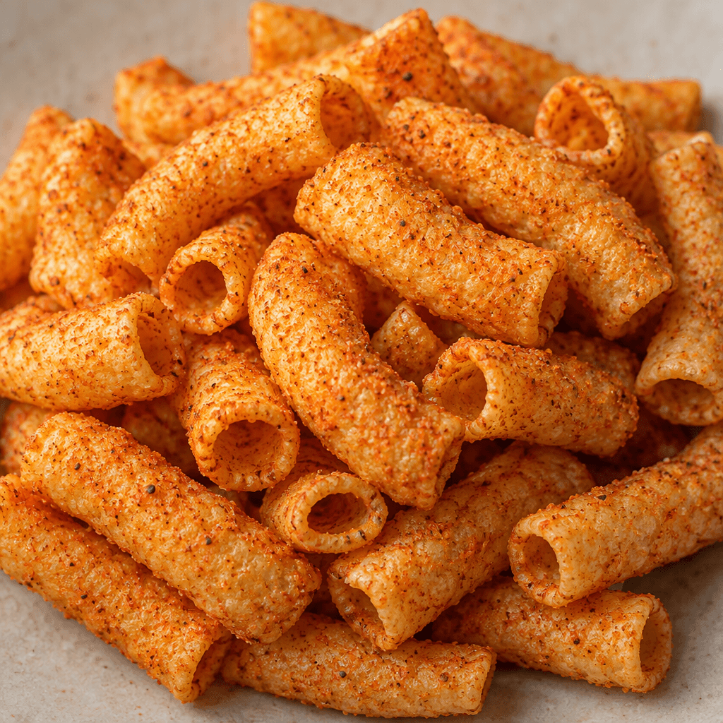 A pile of short, slightly curved hollow corn tubes with a crisp, bubbled surface and a light orange-red seasoning dusting.