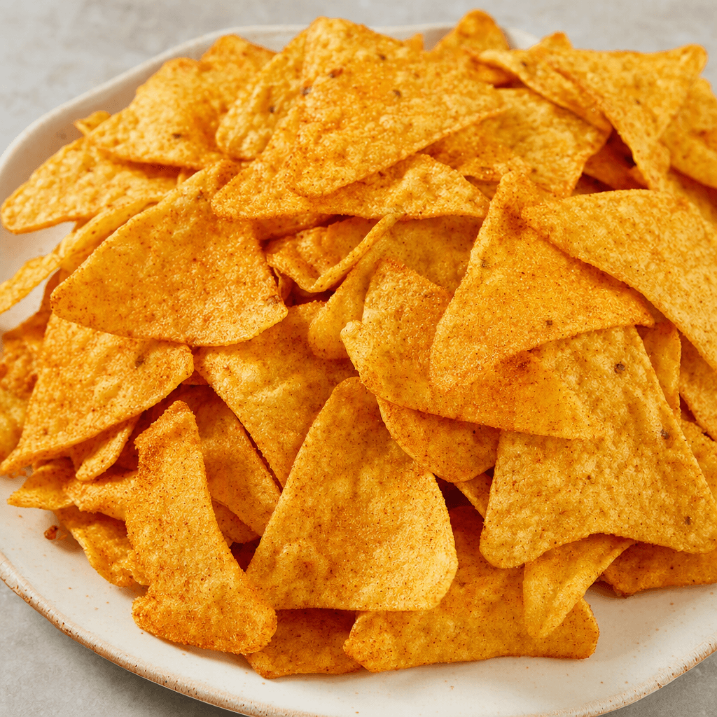 Thin, crisp, golden-yellow corn chips with irregular triangular shapes and a light reddish-orange dusting are piled on a plate.