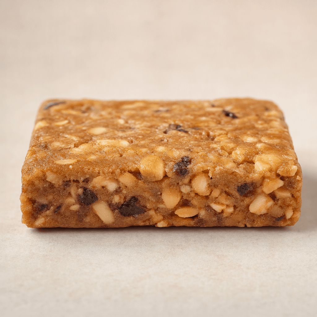 A thick, rectangular tan-brown protein bar with a rough, chewy-looking surface studded with visible peanut pieces and a few darker bits, resting on a plain surface.