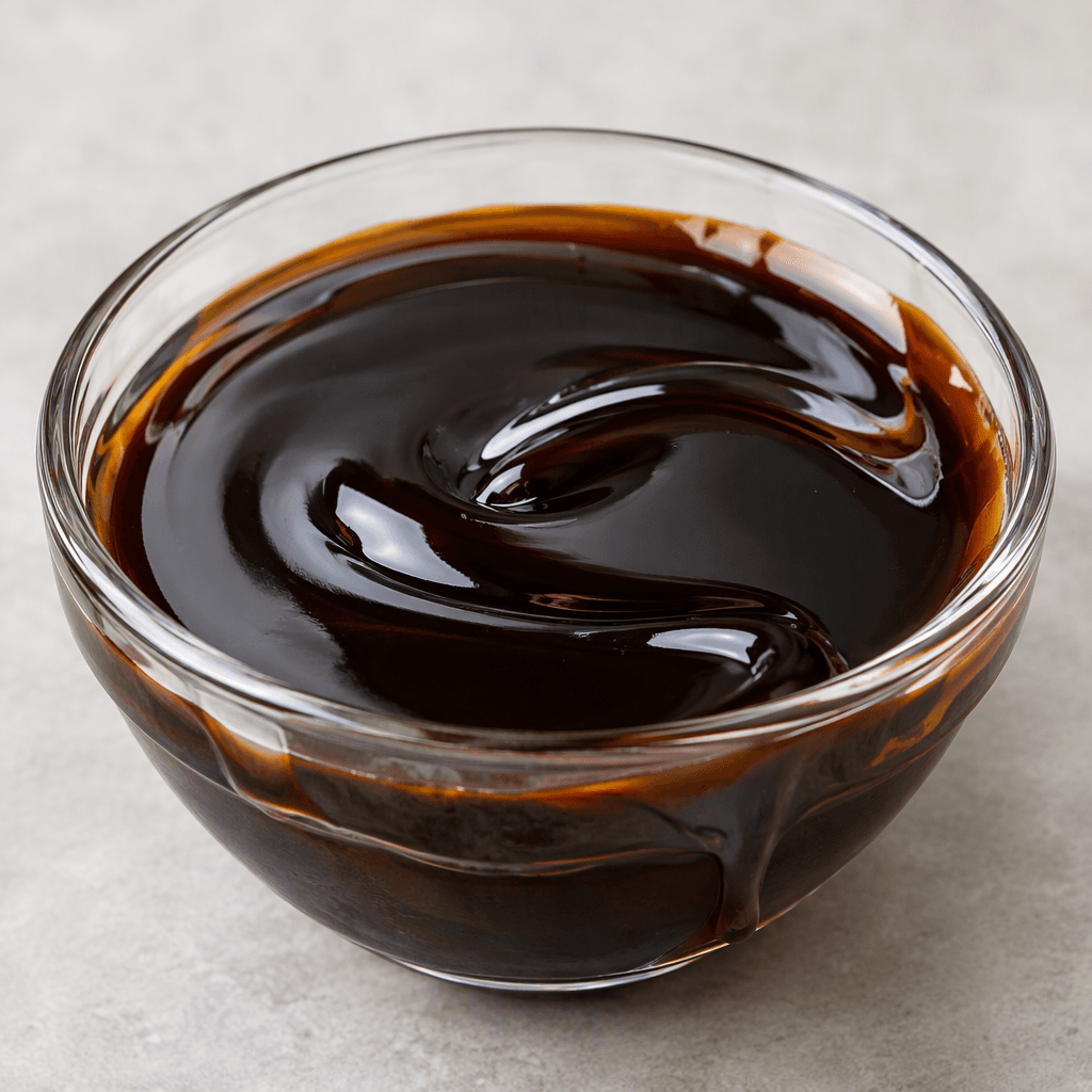 Thick, glossy, nearly black mahogany-brown syrup pools in a small clear glass bowl, with slow viscous ribbons visible on its surface and along the sides.