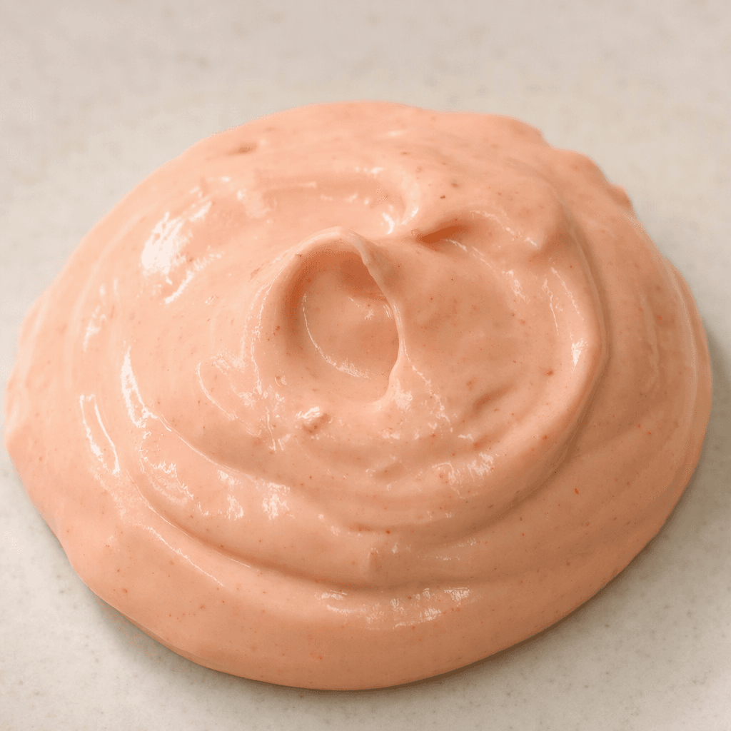 A smooth, glossy pink mayonnaise sauce with a thick, creamy texture, spooned into a small mound or pool.