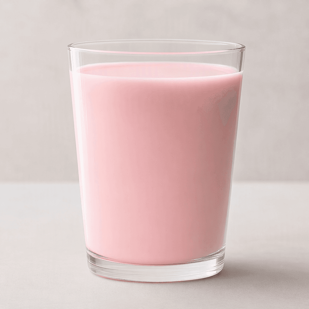 Berrak bir bardağı, rengi her yere eşit dağılmış, pürüzsüz ve opak açık pembe bir sütlü içecek dolduruyor; üzerinde görünen bir süsleme yok.