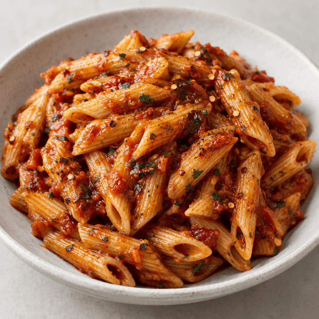 Short, diagonally cut ridged pasta tubes are coated in a glossy deep-red tomato sauce with visible red chili flakes and small green herb flecks, piled in a shallow bowl.