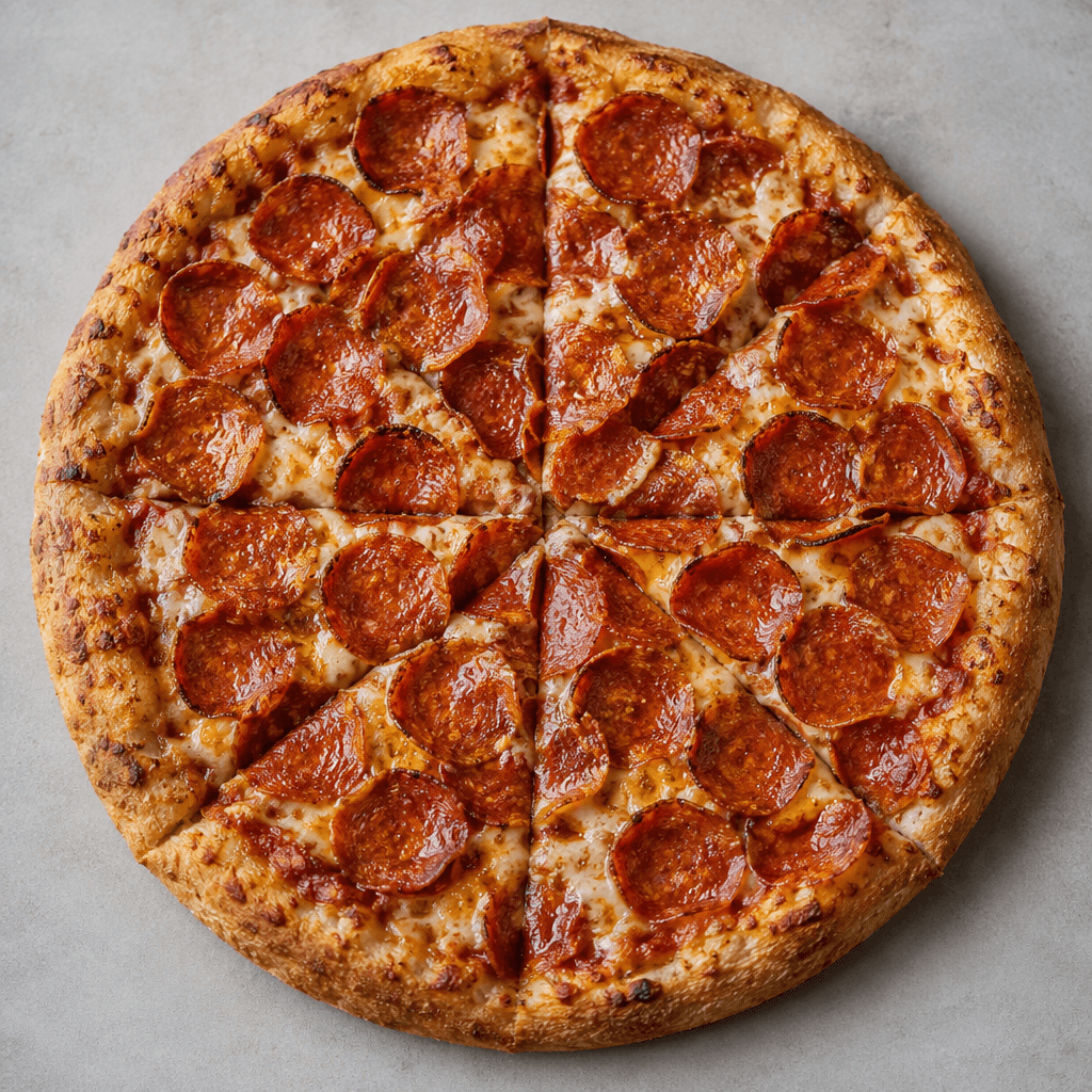 A round pizza with a golden-brown crust is topped with melted pale-yellow cheese and numerous thin, overlapping red-orange pepperoni slices with darker edges, served whole on a flat surface and cut into wedges.