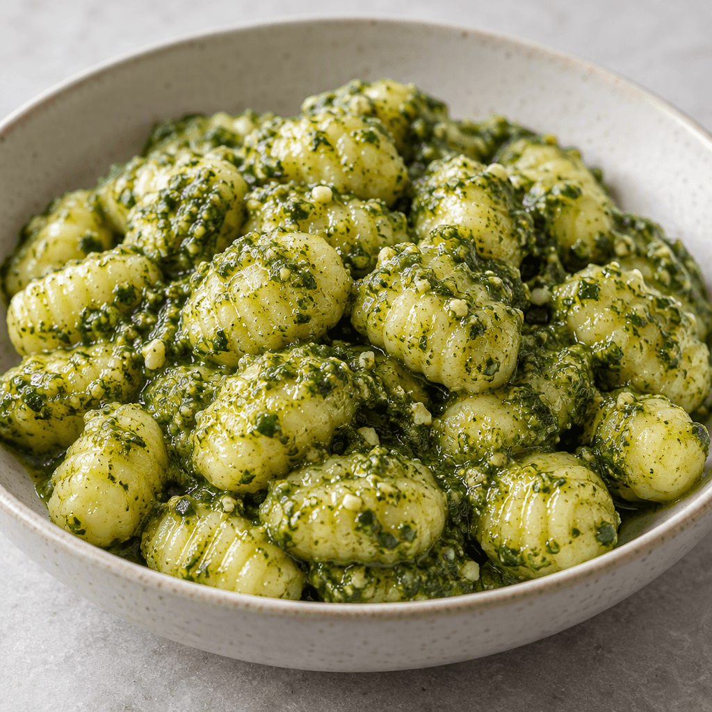 Small, plump oval gnocchi with softly ridged surfaces are coated in glossy green pesto and served in a shallow dish.