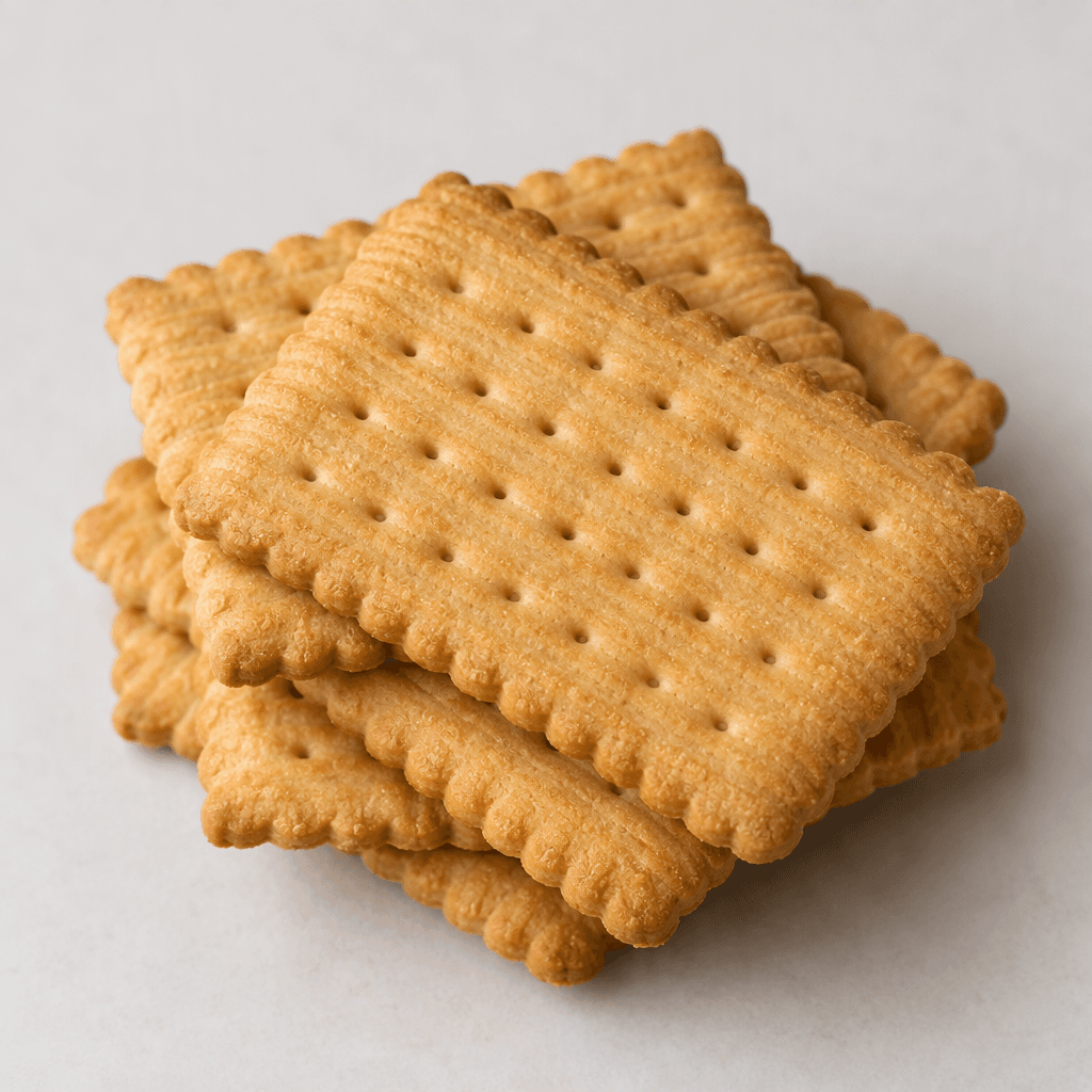 Several rectangular, golden-beige butter biscuits with gently scalloped edges, four neat rows of small perforations, and a lightly ridged, matte surface are arranged in a small overlapping stack.