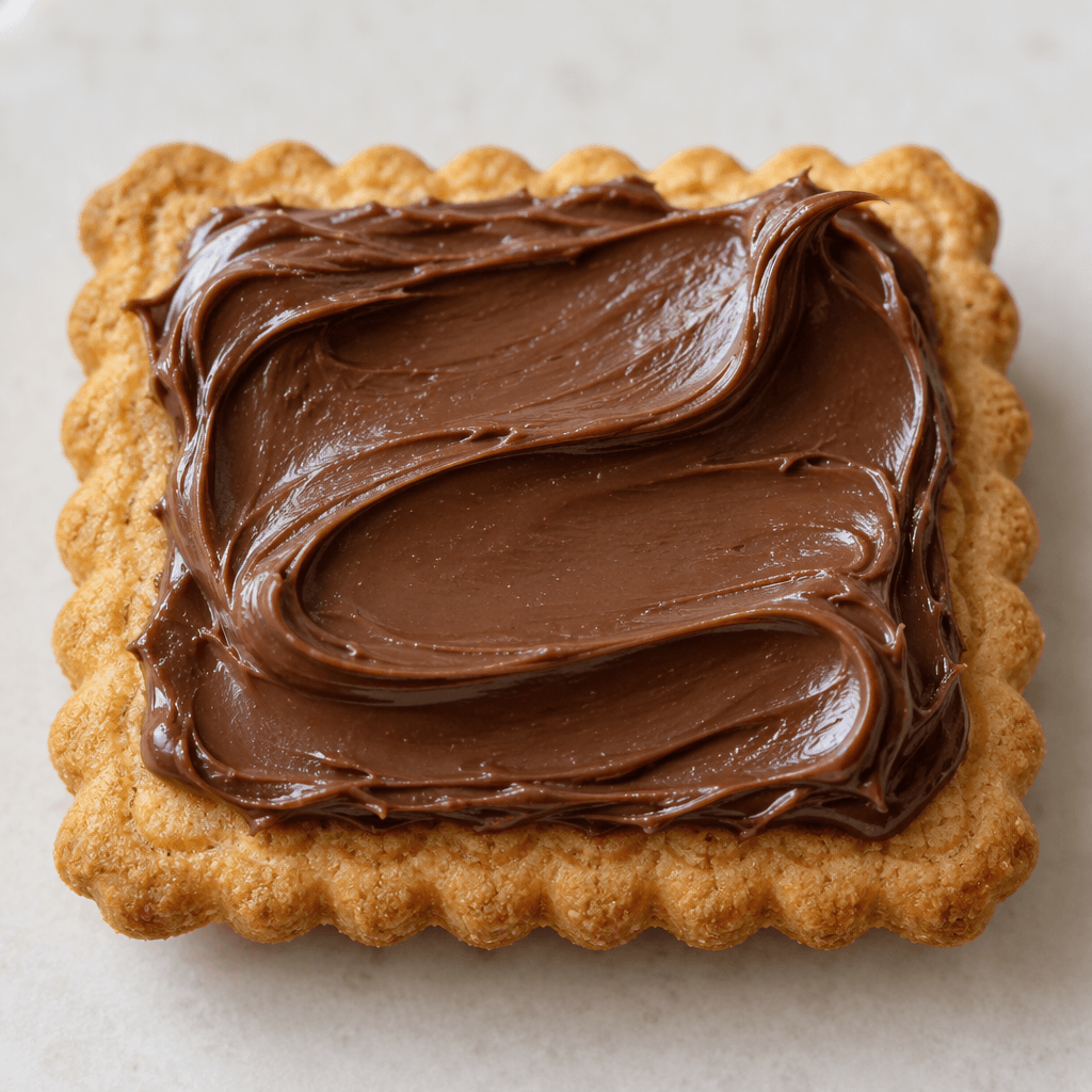 A small, flat, golden-brown rectangular biscuit with scalloped edges and an embossed pattern is topped with a smooth, thick layer of dark brown chocolate-hazelnut spread.