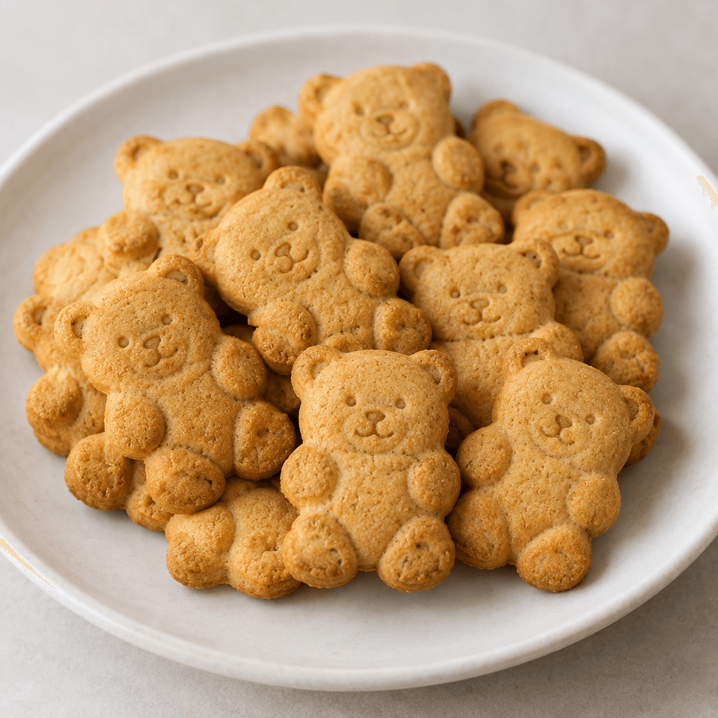 Small golden-brown bear-shaped biscuits with a lightly textured surface and simple embossed facial details are arranged together on a plate.