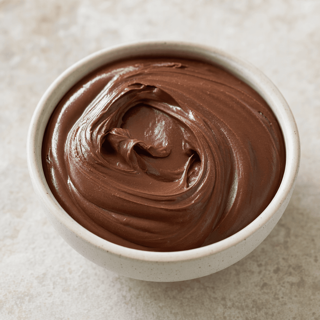 A thick, smooth, dark-brown chocolate spread sits in a small dish, with a soft sheen and gentle swirls across its surface.