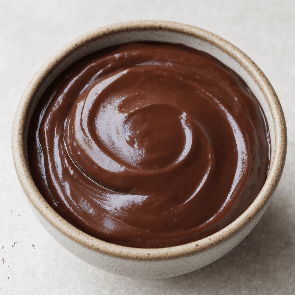 A serving of chocolate pudding sits in a small dish, its surface smooth, thick, and glossy dark brown, with no visible toppings.