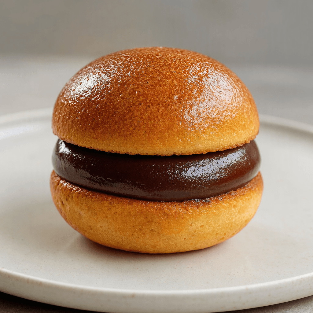 A small, burger-shaped chocolate dessert with two rounded golden-brown halves enclosing a thick, glossy dark chocolate layer, served on a plate.