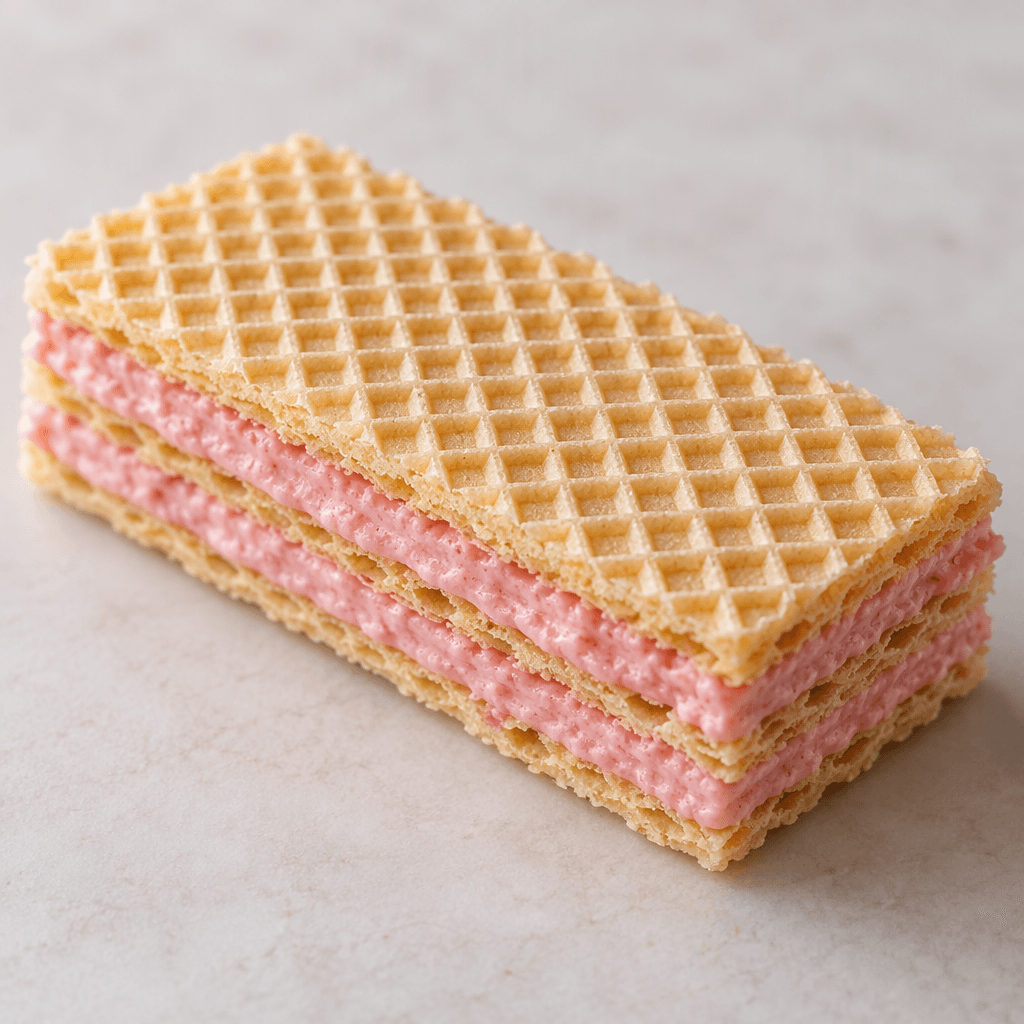 A rectangular, pale golden wafer with a fine embossed grid and thin crisp layers sandwiching visible pink strawberry-coloured cream.
