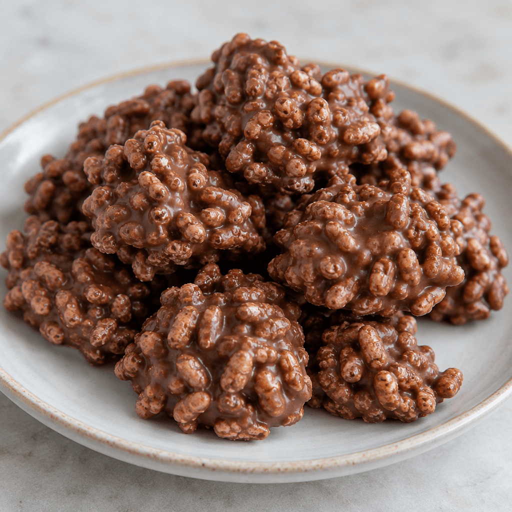 Small, uneven clusters of milk chocolate with crisp, rounded chocolate-brown puffed rice pieces visible throughout, arranged on a plate.