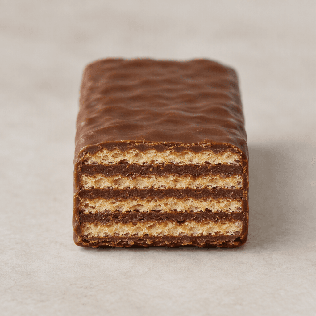 A small rectangular wafer bar has crisp, pale-golden layers separated by dark chocolate-colored filling, with a smooth chocolate-colored coating and a clean-cut end showing the layers.