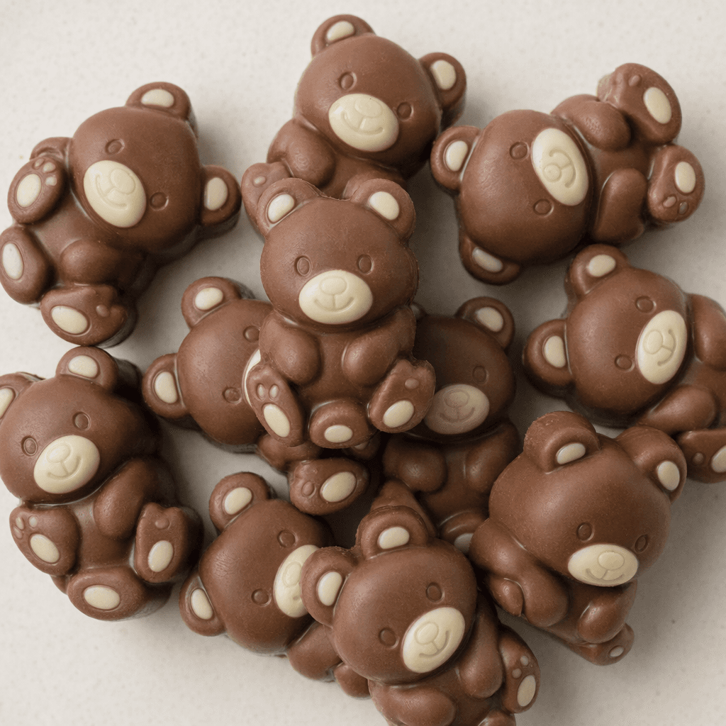 Small bear-shaped milk chocolates with rounded ears, molded facial details, and pale cream-colored accents, arranged together on a plain surface.