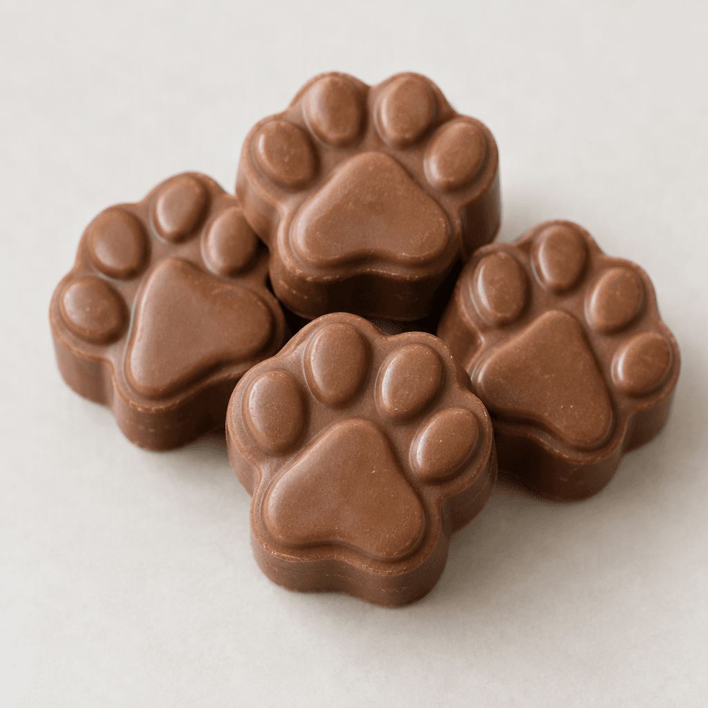 Small, light-brown milk-chocolate pieces are molded into paw prints, each with a broad pad and four rounded toe bumps.