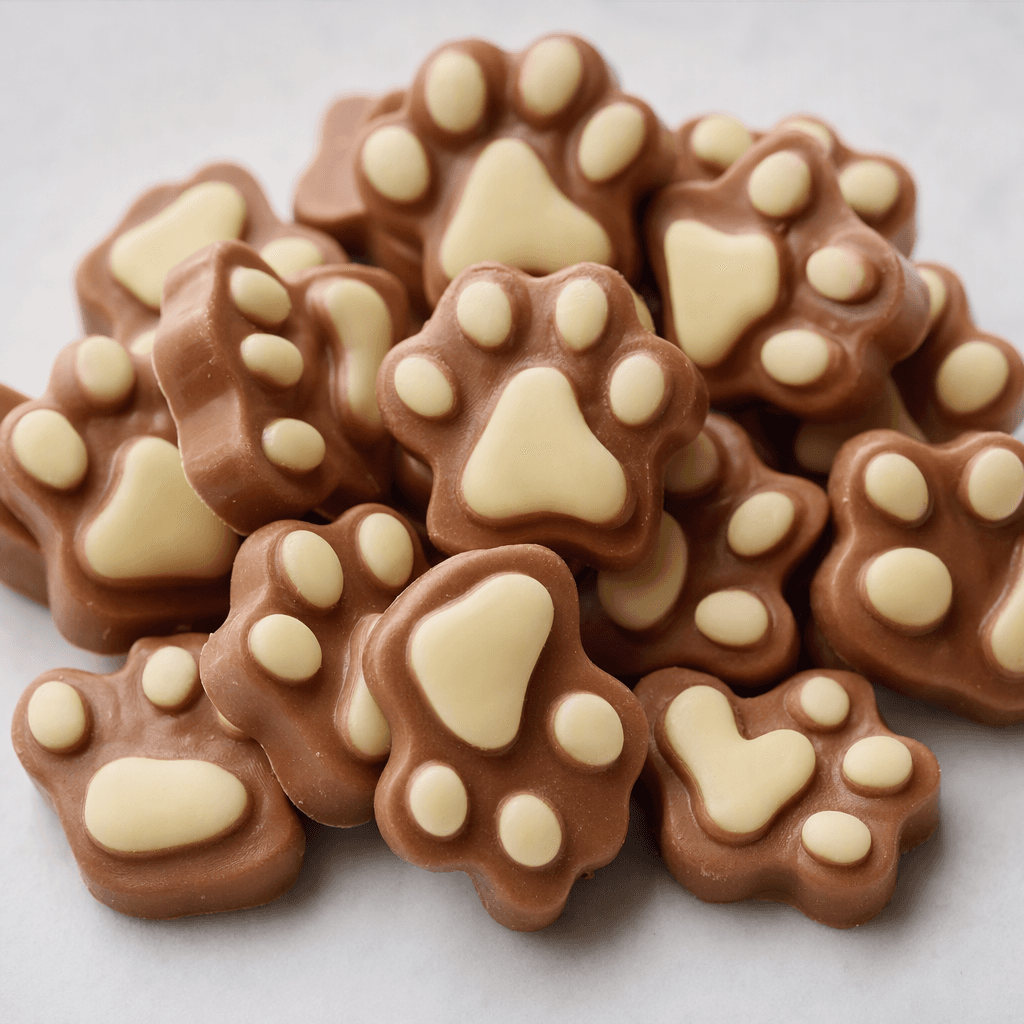Small paw-shaped pieces of light-brown chocolate, each with four rounded toe pads and a larger central pad picked out in pale cream chocolate, are arranged on a plain surface.
