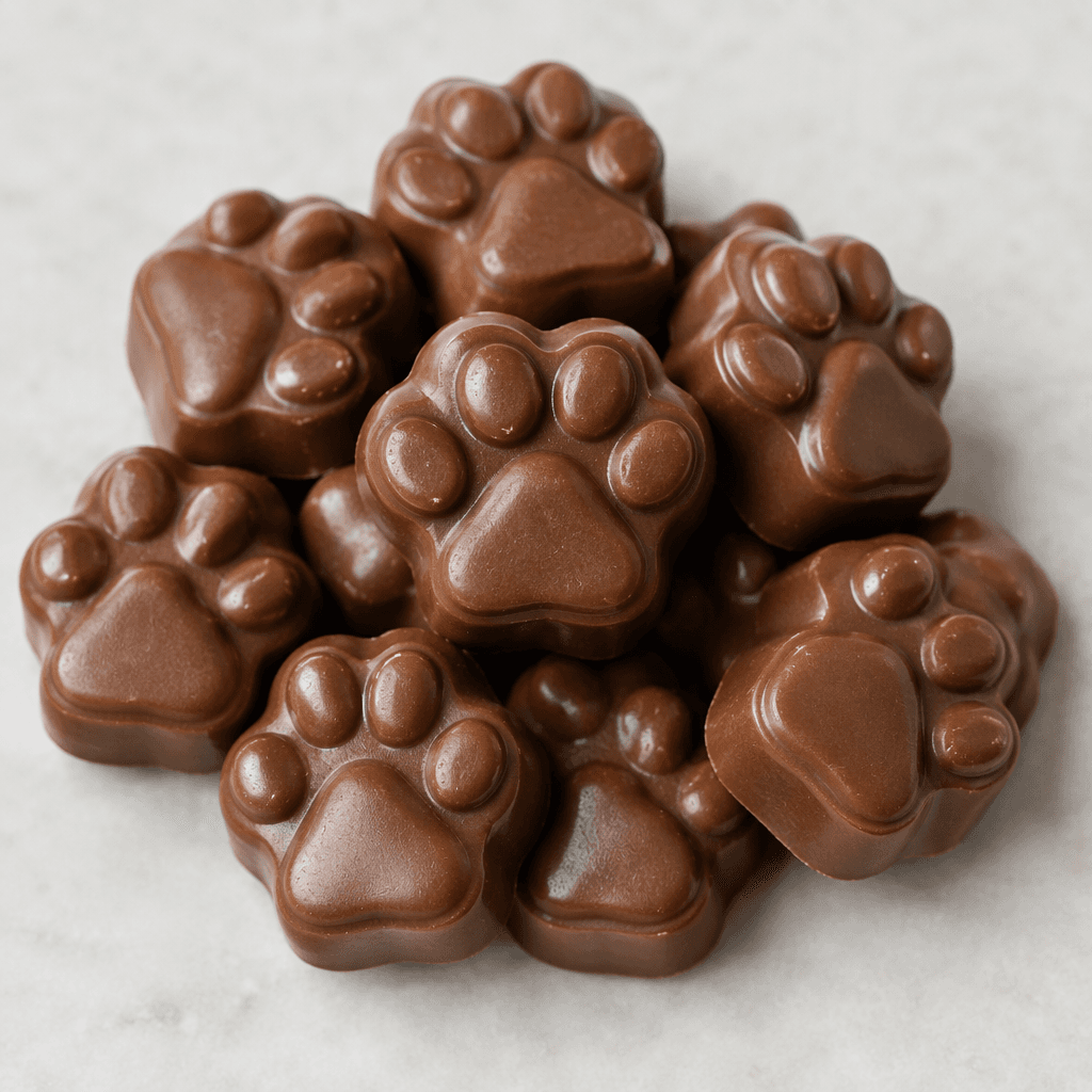 Small, glossy milk-chocolate pieces are molded into rounded paw shapes, with raised toe pads and a larger central pad.