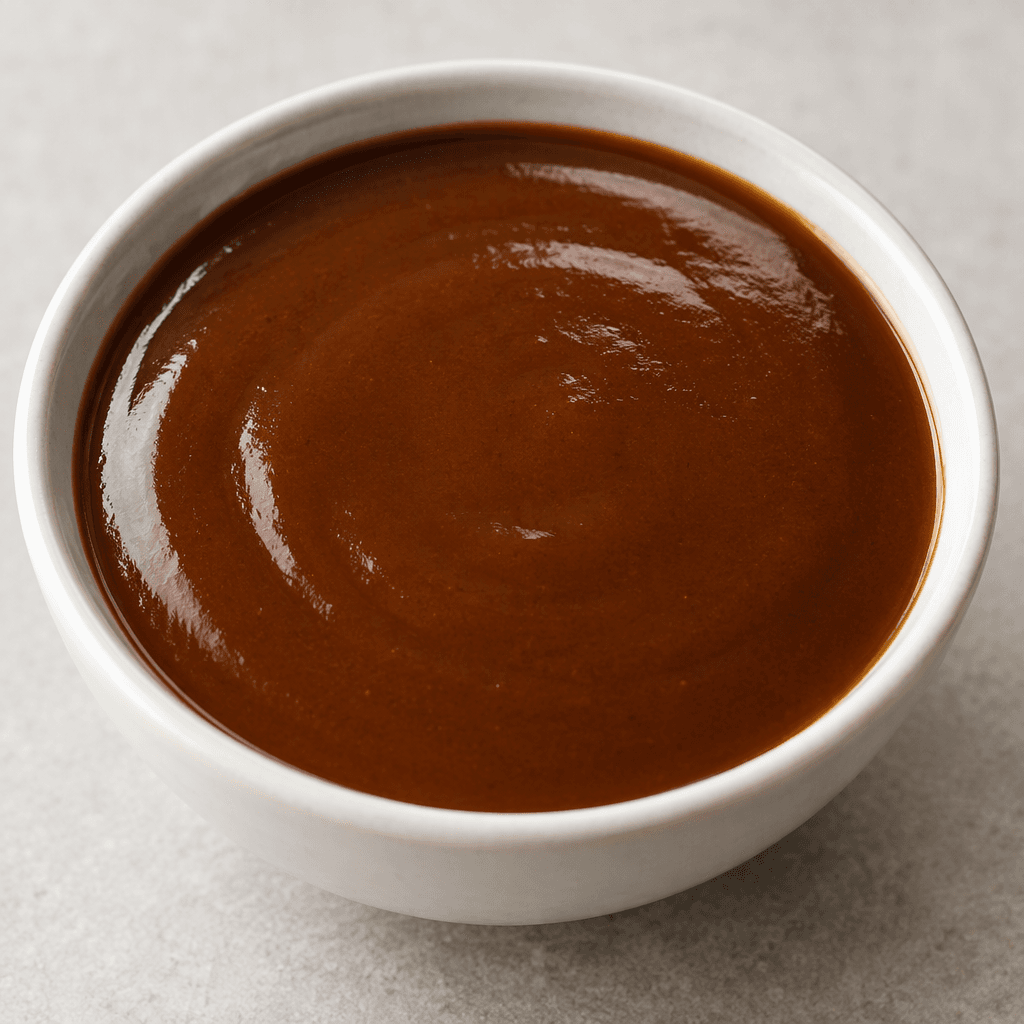 A thick, smooth, glossy brown sauce sits in a small pool, with an even surface and no visible pieces.
