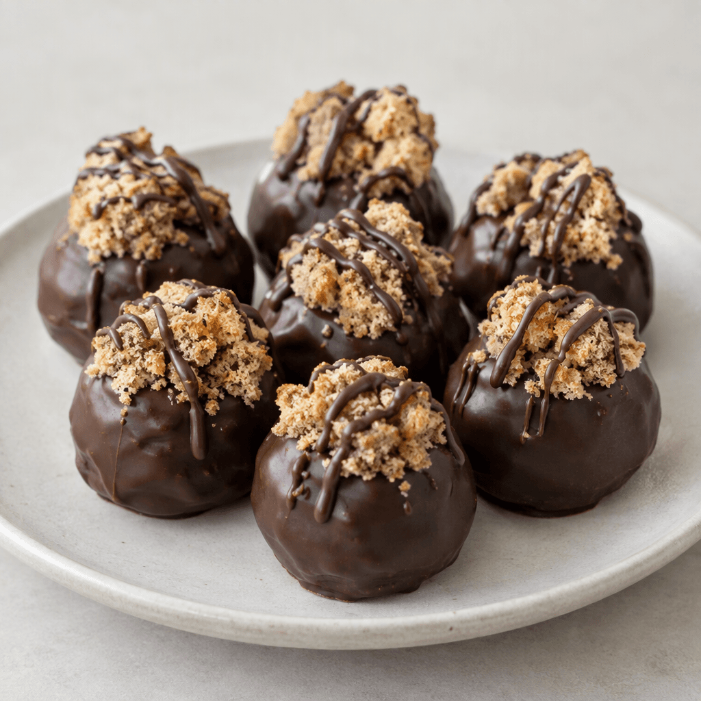 Small round chocolate-coated sweets sit together on a plate, their dark glossy surfaces topped with pieces of pale brown cake and chocolate drizzle.