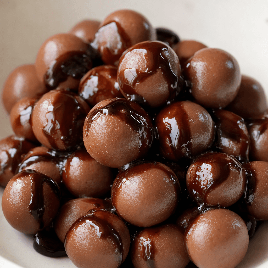 Small, round chocolate-brown pieces with a smooth, slightly glossy coating are arranged together, with dark chocolate sauce visible over and between them.