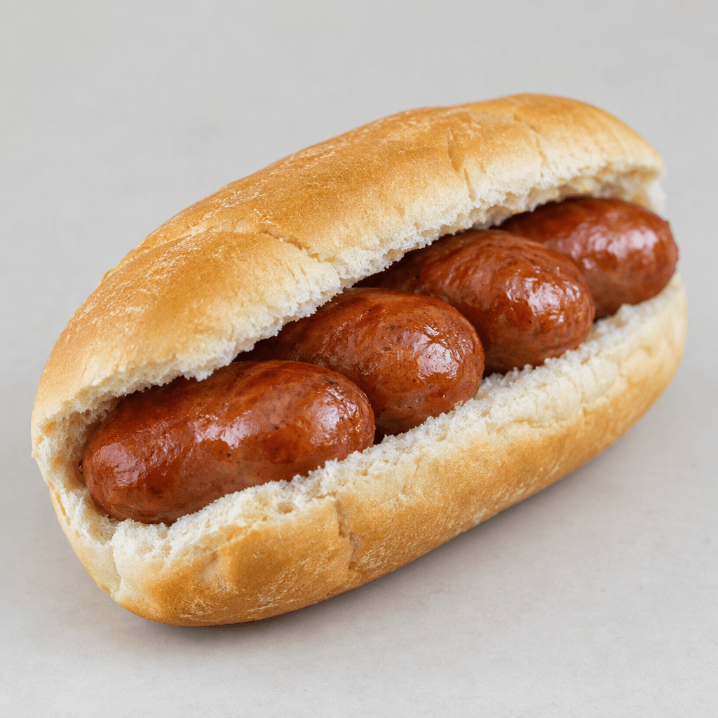 A soft, elongated bread roll is split open around several plump reddish-brown sausage pieces, with their smooth, slightly glossy surfaces visible between the pale bread halves.
