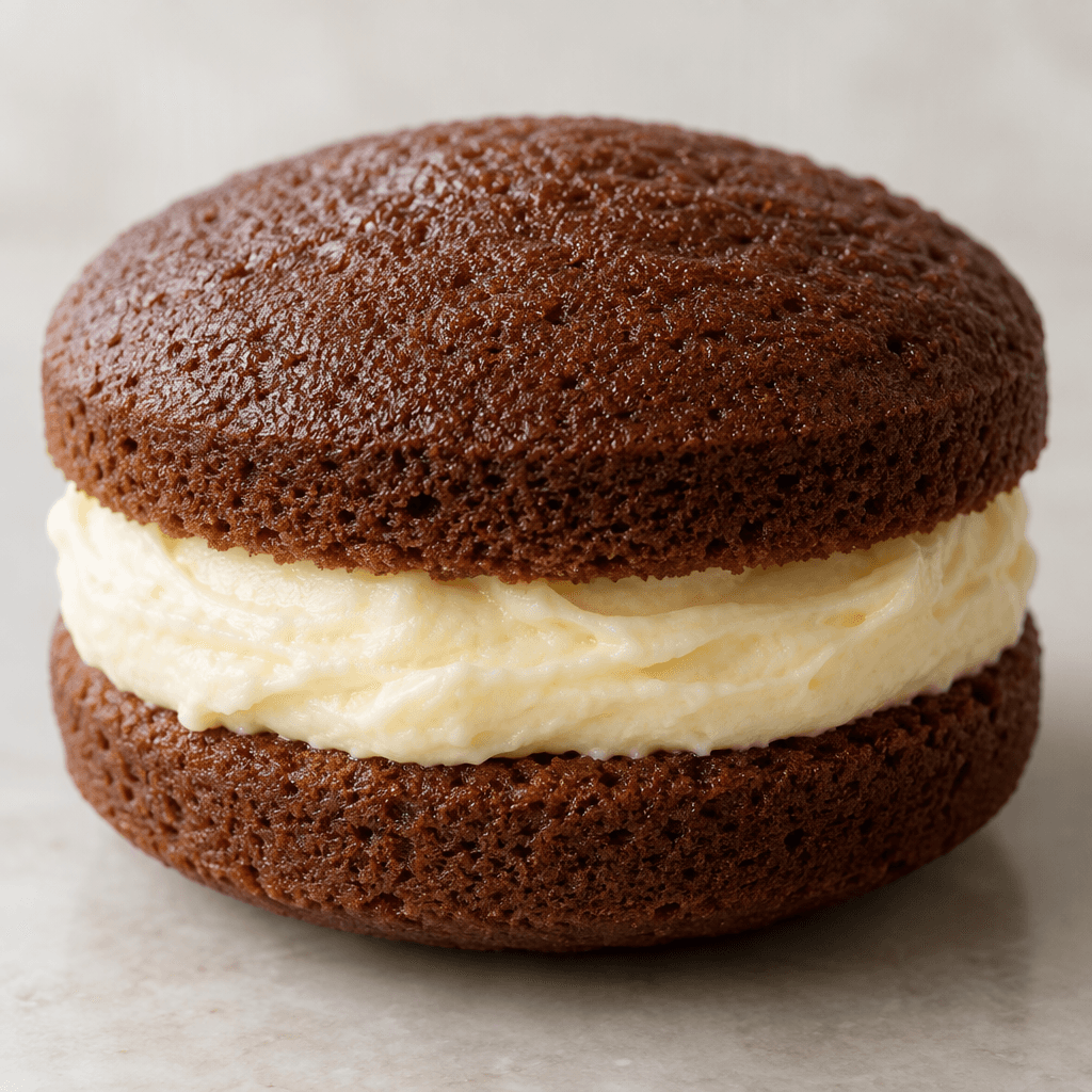 A small, round, soft-looking brown cake with a thick layer of pale cream visible between its two flat halves.
