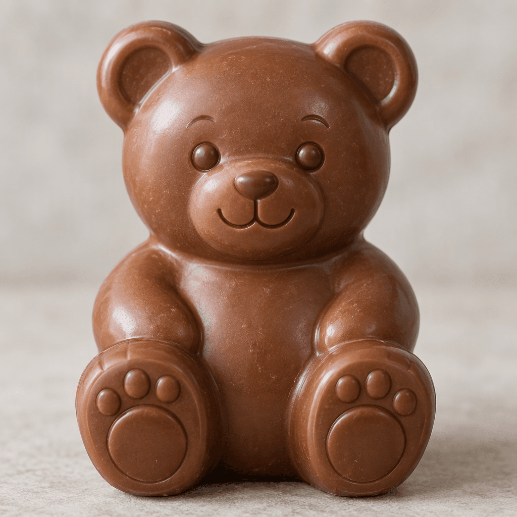 A small, molded milk-chocolate bear with rounded ears and embossed facial and paw details, its smooth surface a warm medium brown.