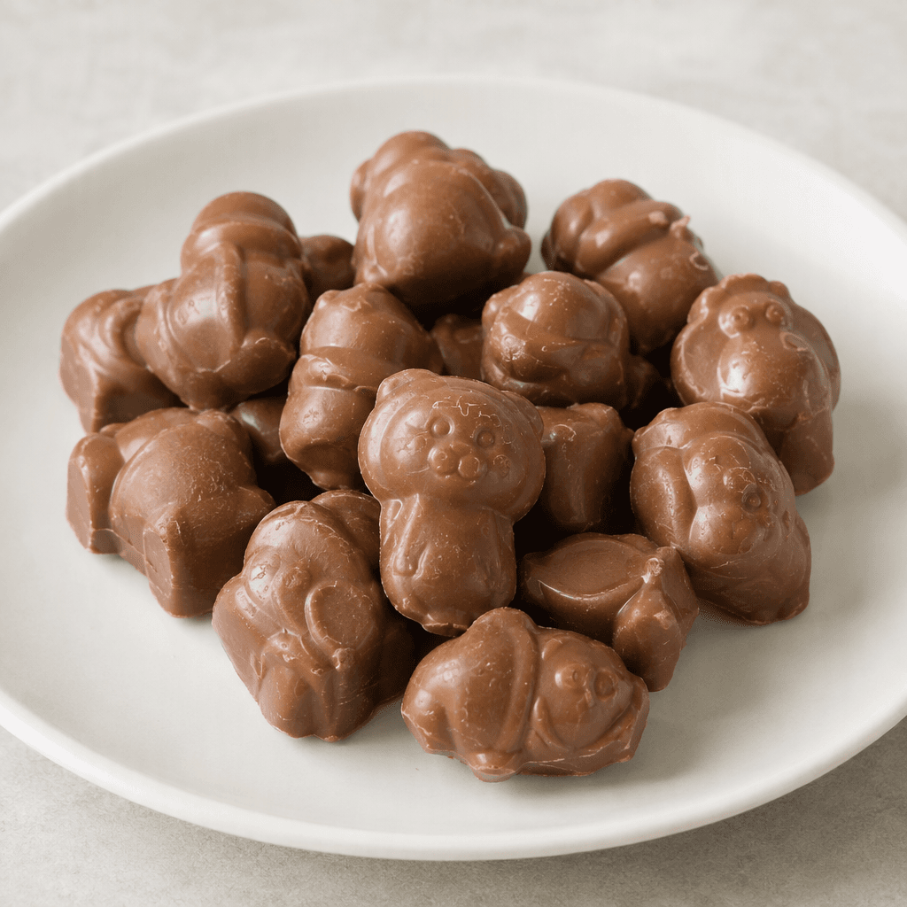 Small, individually molded milk-chocolate pieces with rounded, playful shapes and a smooth, light-brown surface are arranged together on a plain plate.