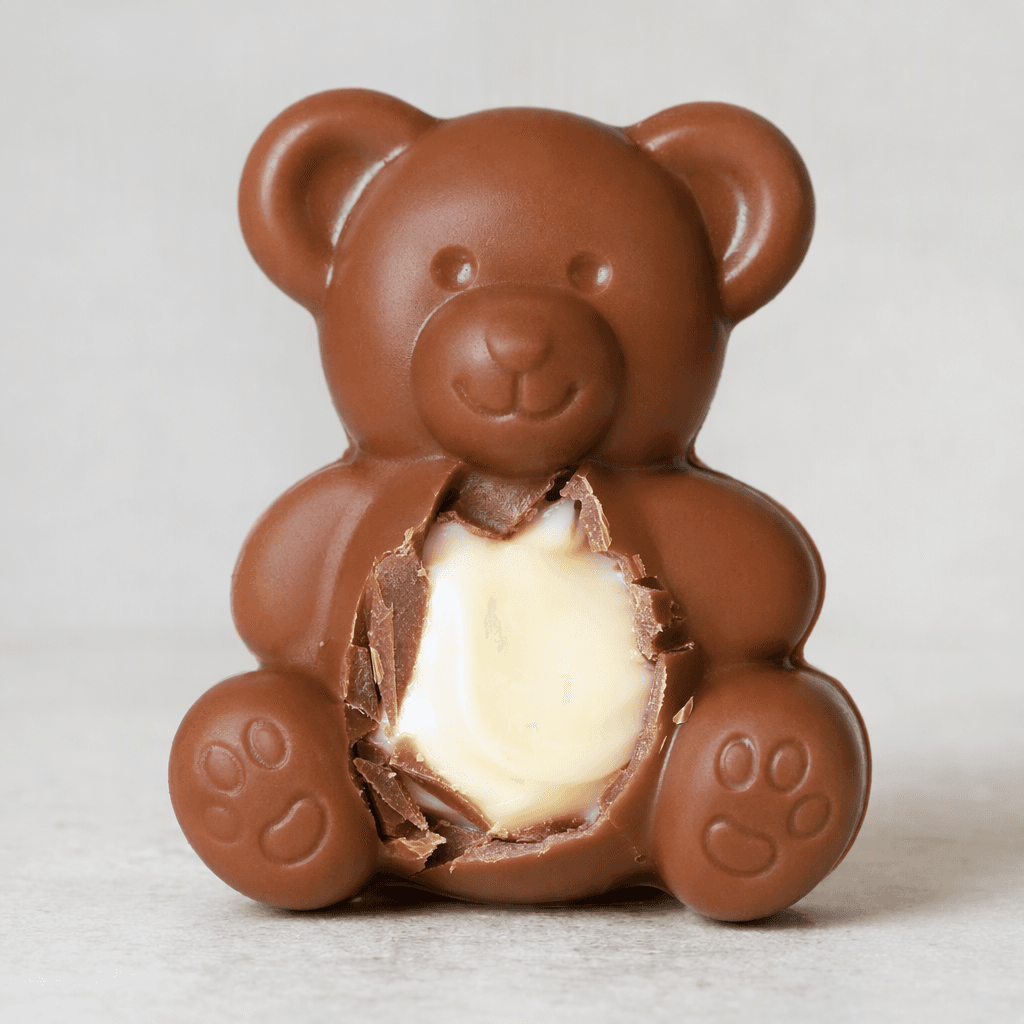 A small, smooth milk-chocolate bear with rounded ears and stubby limbs sits on a plain surface, its brown shell broken open to show a pale cream-colored center.