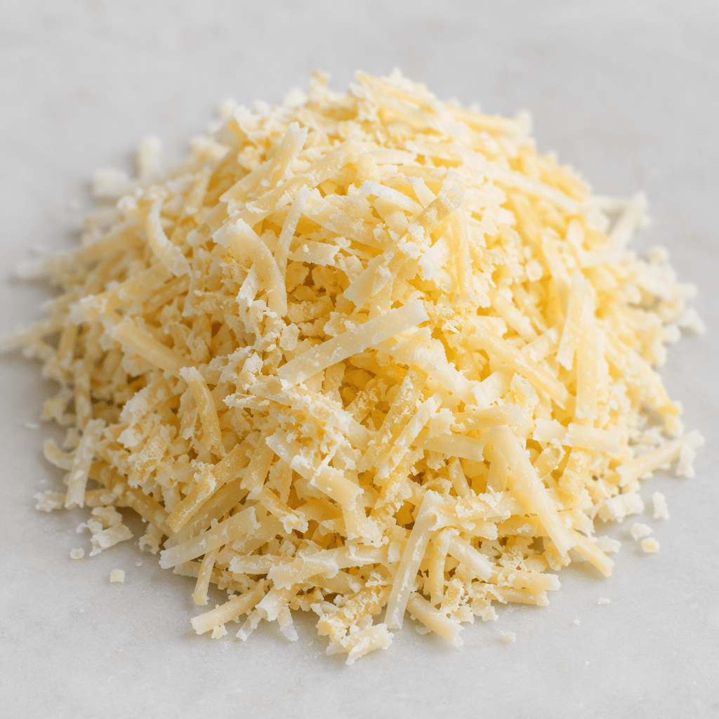 A loose mound of finely grated cheese made up of short, thin, irregular shreds in pale ivory to light straw-yellow tones, with a soft, slightly crumbly texture.
