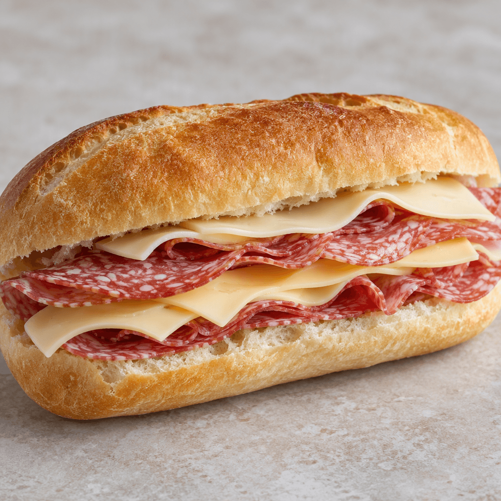 An elongated, lightly browned soft bread roll is split open to show layers of pale yellow cheese and pink-red salami, with the filling visible along its length.