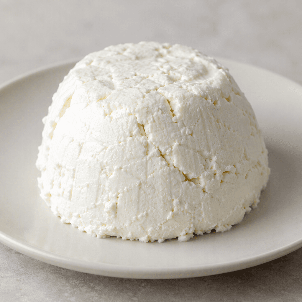 A compact, bright-white cheese with a smooth, dense, slightly crumbly texture, shaped into a low mound on a plain dish.