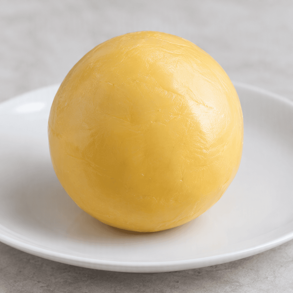 A single round ball of processed cheese with a smooth, firm pale-yellow surface, served whole on a plain plate.