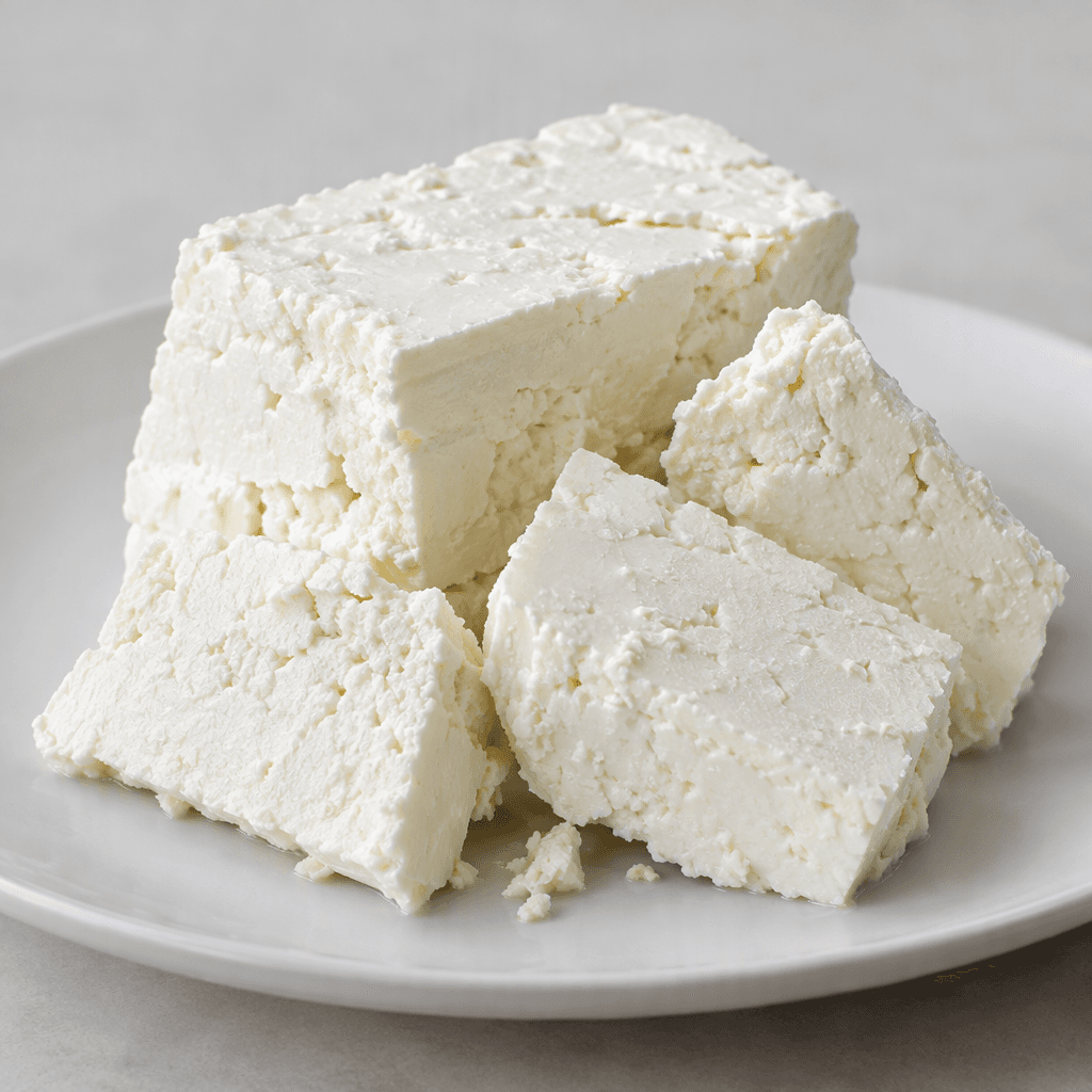 A compact block of matte white, fresh cheese with a moist, slightly crumbly surface, cut into thick irregular pieces and arranged on a plain plate.