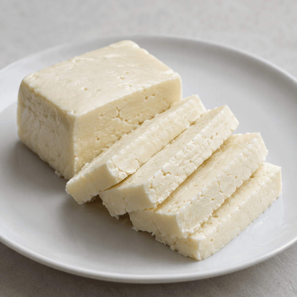 A pale ivory-white cheese with a smooth, moist surface and a firm yet slightly crumbly texture, cut into neat rectangular slices and arranged on a plain plate.