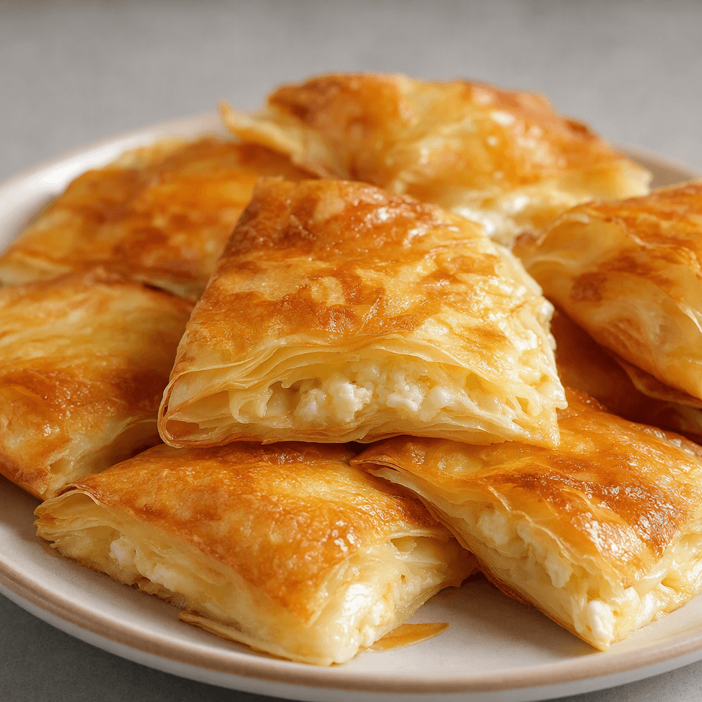 Dışı altın sarısı kızarmış, kat kat gevrek hamurdan yapılmış börek parçaları bir tabakta yan yana duruyor; kenarlarından açık renkli peynir harcı görünüyor.