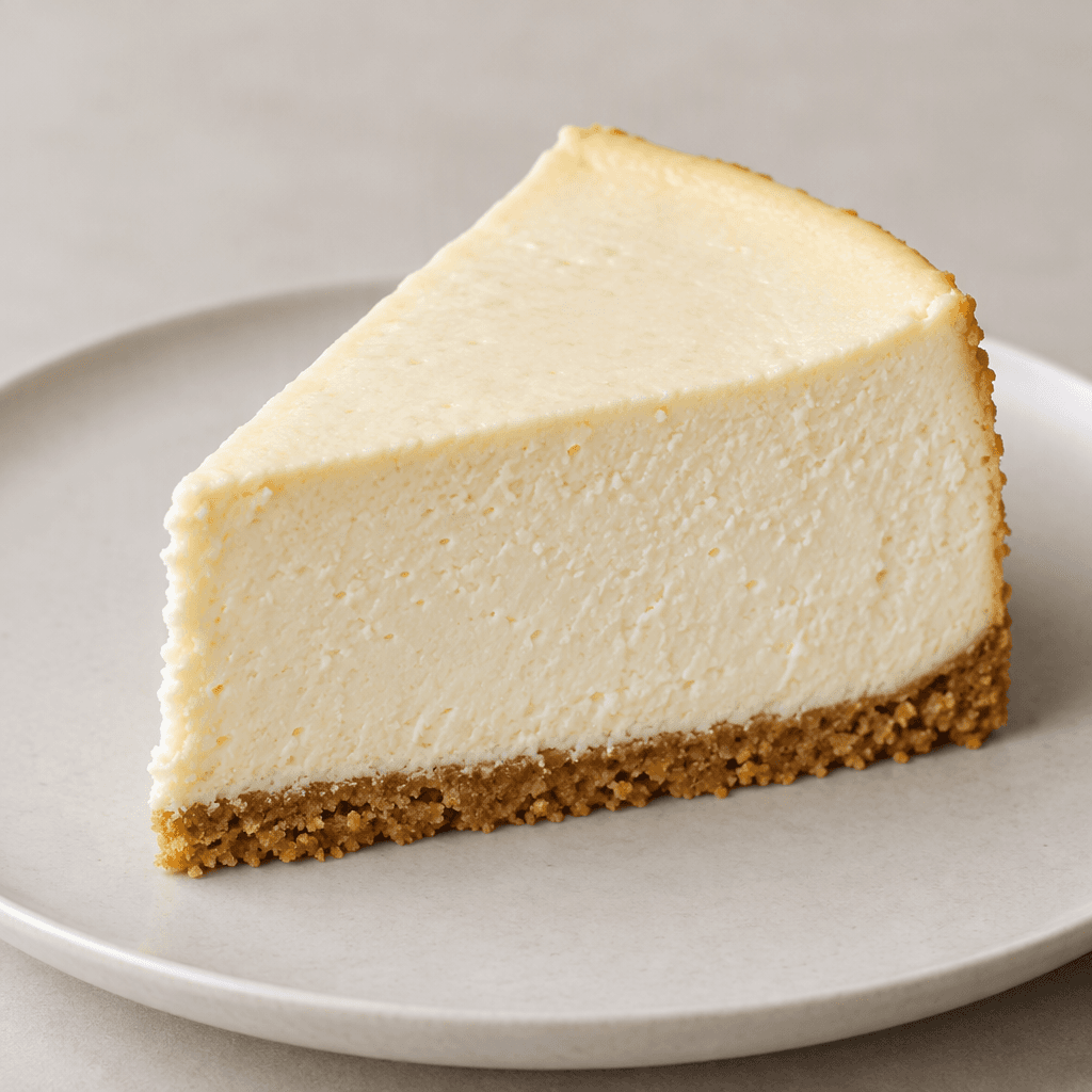 A thick slice of cheesecake with a smooth, pale ivory filling and a thin golden-brown crumb crust sits on a plate.