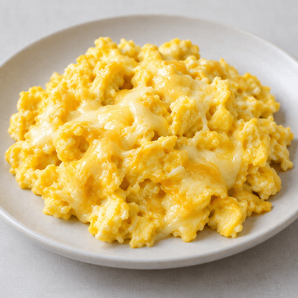 Soft, irregular golden-yellow egg curds are mixed with glossy, melted pale-yellow cheese and served in a loose mound on a plate.