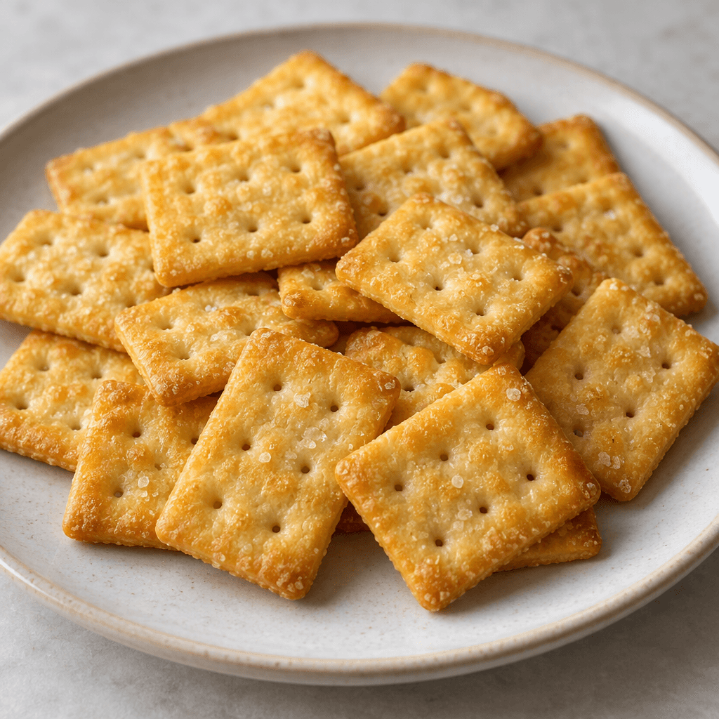 Small, golden-yellow rectangular crackers with rounded corners, tiny pinholes, and a lightly bubbled surface are scattered on a plate.