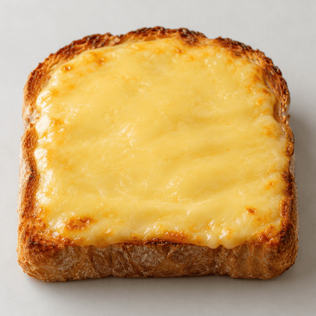 A thick slice of golden-brown bread topped with a smooth layer of pale yellow melted processed cheese, with slightly darker toasted edges and a soft, glossy surface.