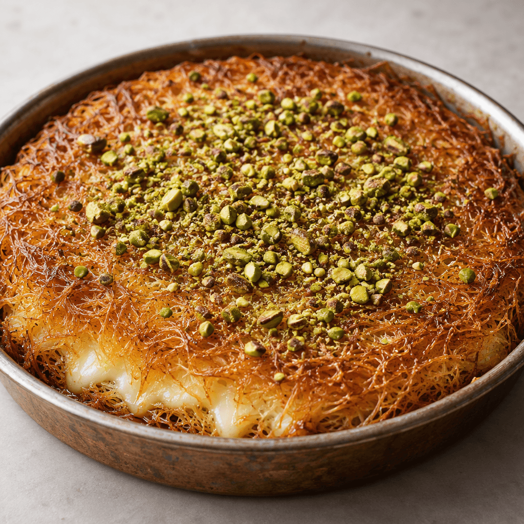 A shallow round pan holds a flat cake of crisp, finely shredded golden-brown pastry, with soft pale cheese visible between the layers, a light syrupy sheen, and a scattering of finely chopped green pistachios on top.